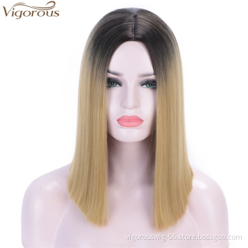 Vigorous Short Straight Bob Hair Synthetic Wigs For Women 2 Tone Ombre Blonde Wigs Glueless Cosplay Hair Wigs For Women